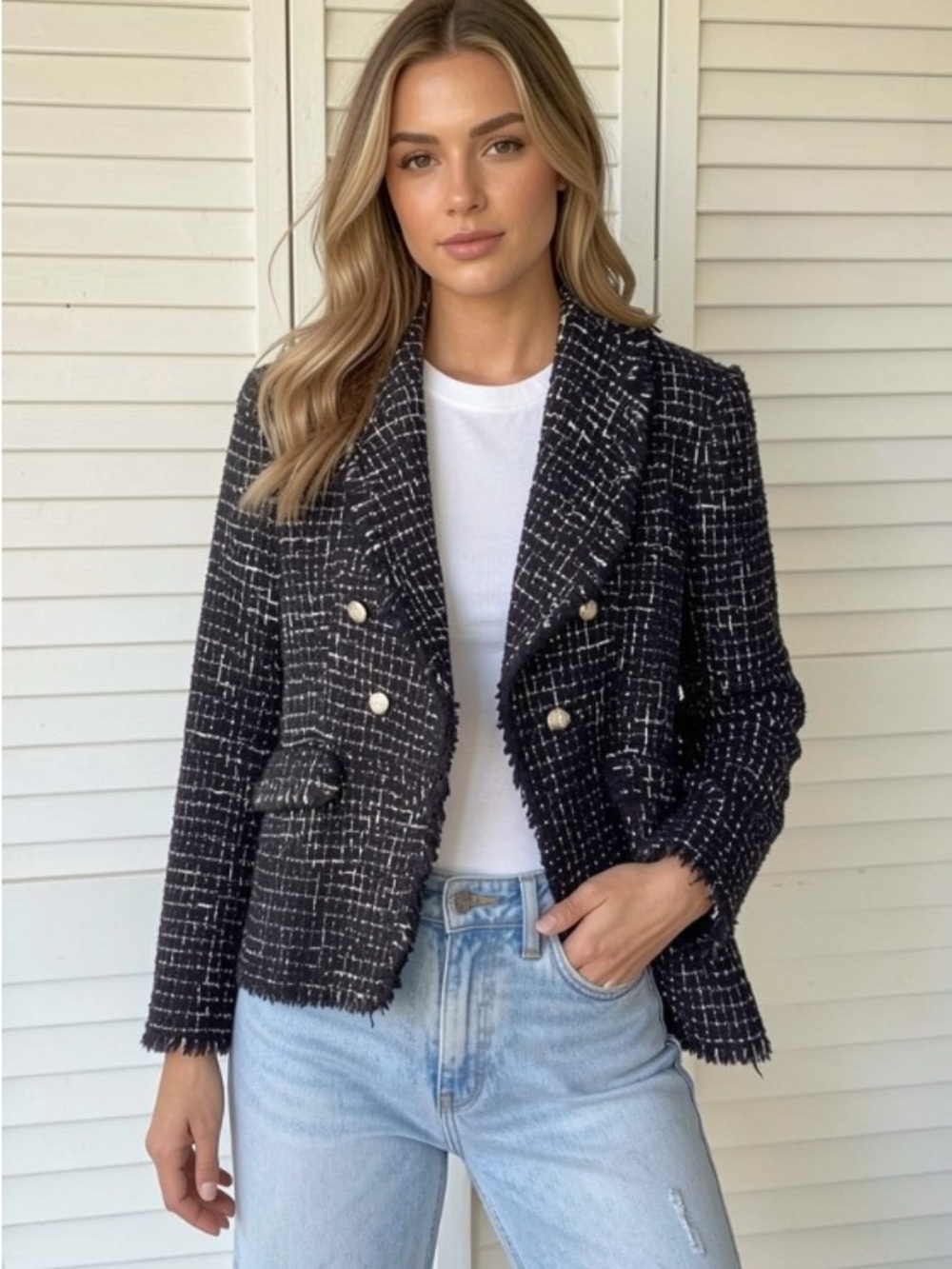 Rachel Zoe Black & Silver Tweed Classic Frayed Blazer